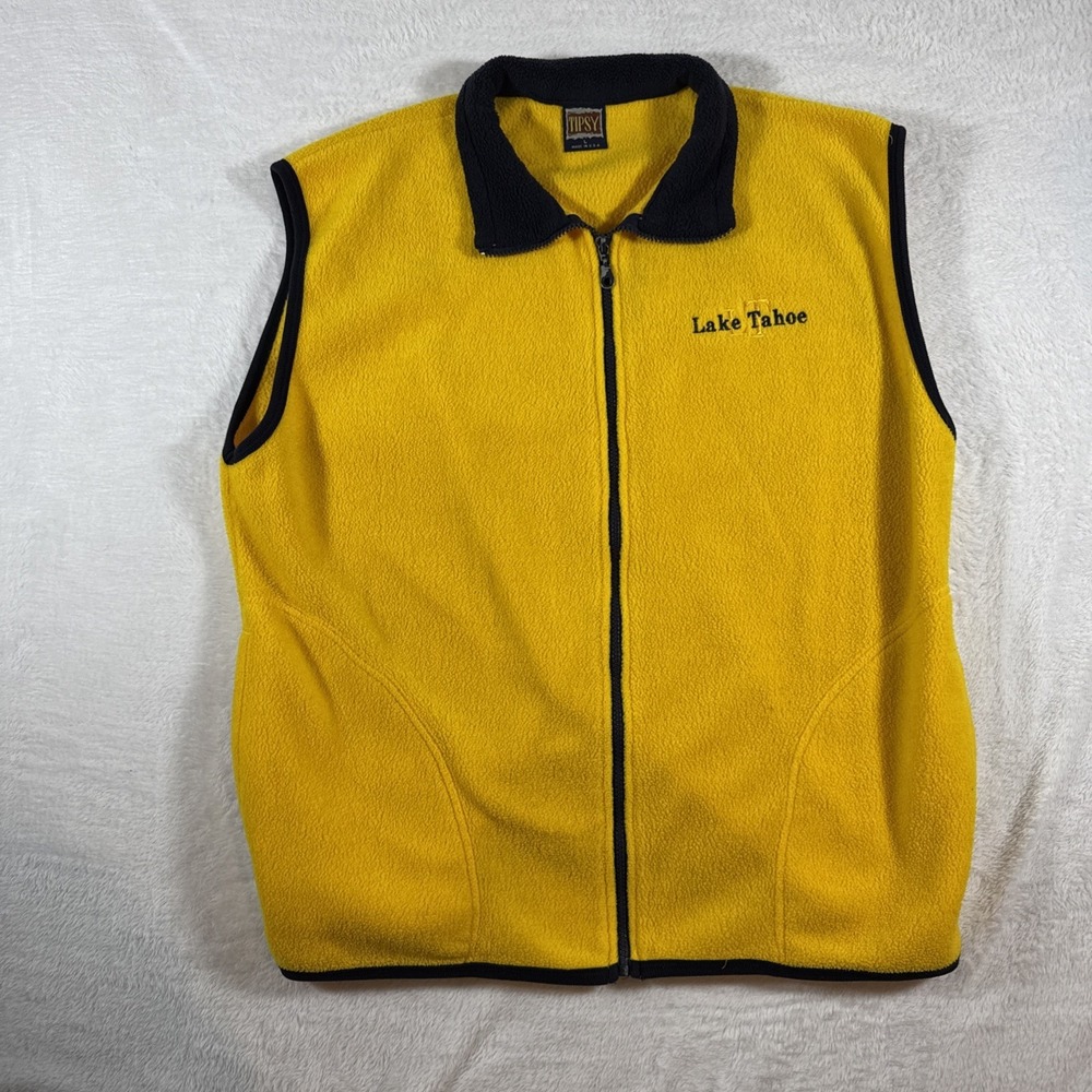 Lake Tahoe Made‎ in USA VTG 90s Yellow Polyester Fleece Full Zip Vest Large